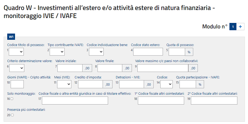 facsimile di una sezione del modello W per la dichiarazione delle criptovalute